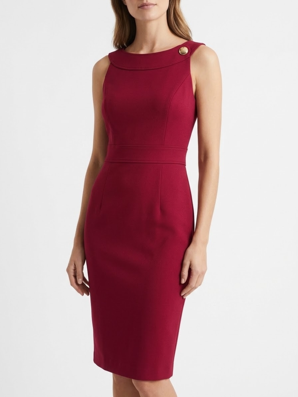 London Times Red Sleeveless Sheath Dress with Gold Button Accent Size 8